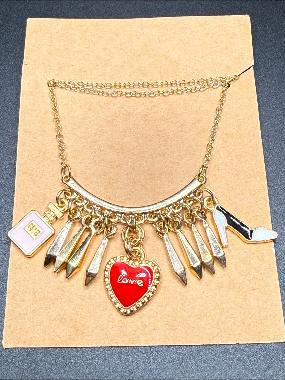 Gold-Tone Charm Necklace with Red Heart Pendant